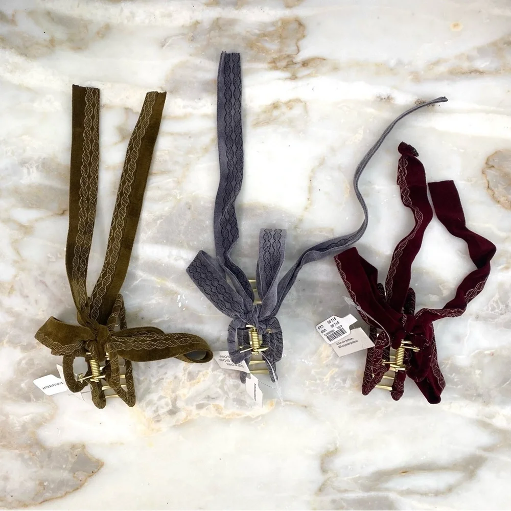 Anthropologie Set of 3 Ribbon Gold Claw Hair Clips Olive + Gray + Burgundy NWT